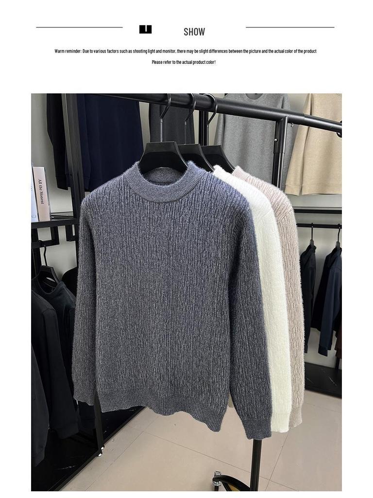 Men's Ferret Velvet Knit Fleece Pullover: Warm Round Neck Casual Fashion Base Layer Sweater