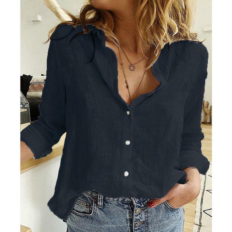 Turn Down Collar Long Sleeve Buttoned Cotton Shirts Women Solid Color Loose Plus Size Tops White Blue Blouse