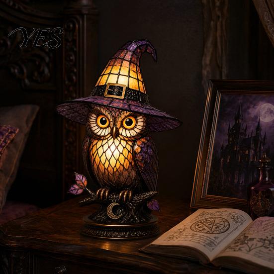 Gothic Decor Lamp Witch Hat Lamp, Stained LED Light, Halloween Table with Warm Glow, Wizardry Night Light for Bedroom Mantel Bookshelf Entryway Party