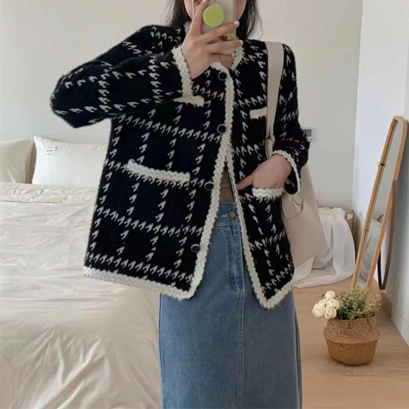 Осенне-зимняя мода круглый вырез карманы длинный рукав свободный твидовый женский кардиган куртка