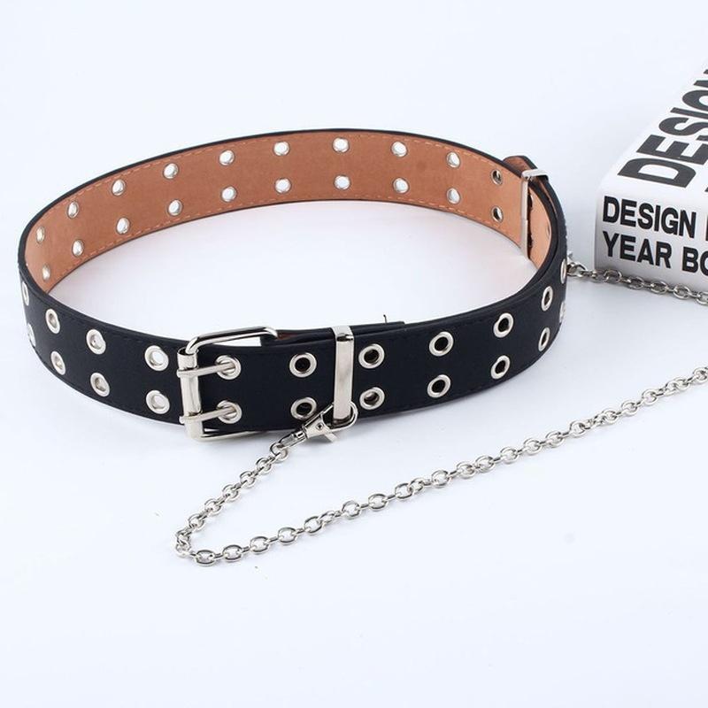 Women Punk Chain Belt Adjustable Black Double/Single Eyelet Grommet Metal Buckle Leather Waistband for Jeans