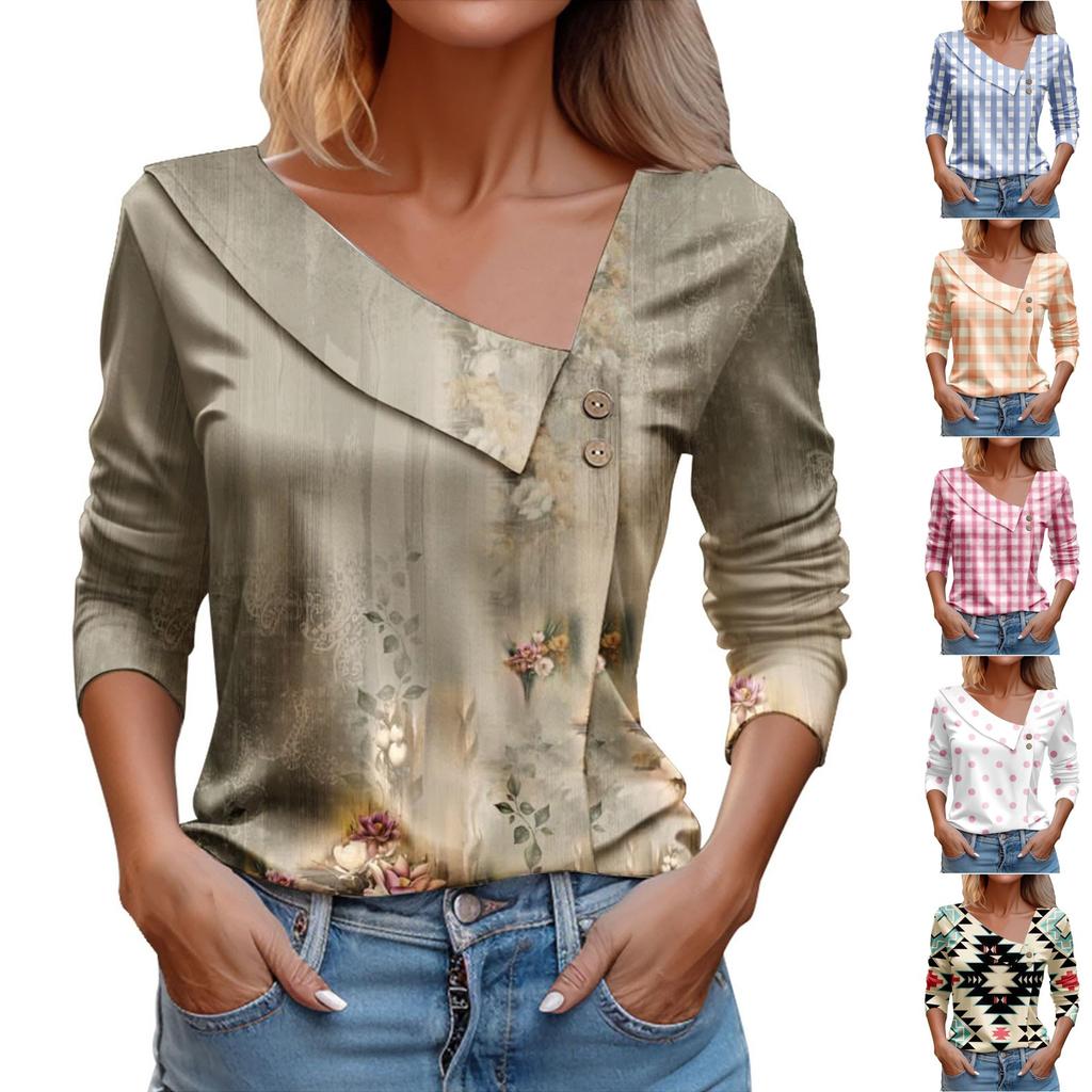 Women Tops Spring 2024 Long Sleeve V Neck Loose Shirts Plaid Print Asymmetric Button Blouses Business Casual Tunic