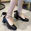 2025 весна новая толстый каблук туфли-лодочки квадратный носок мелкий вырез высокий каблук на щиколотке бисер шнуровка женские туфли
