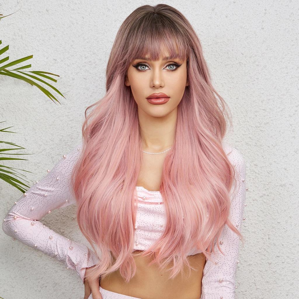 Длинные объемные волнистые синтетические парики, черный, фиолетовый, розовый, омбре, светло-персиковый розовый парик для женщин, повседневная вечеринка, косплей, термостойкий