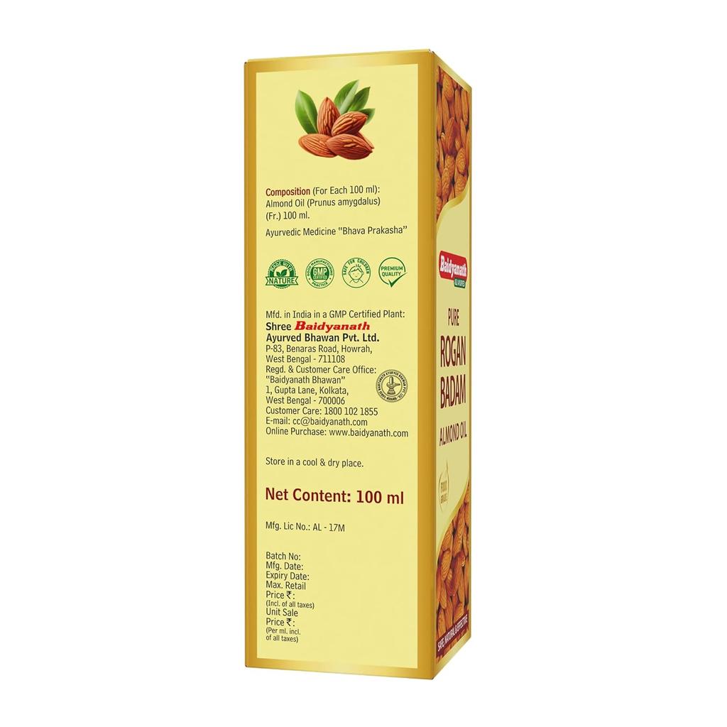 Baidyanath Pure Rogan Badam Almond Oil 100 ml Pack of 1 | 100% Sweet Almond Oil for Hair, Skin & Daily Nutrition
