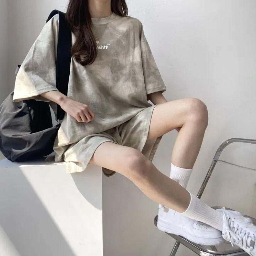 Футболка с коротким рукавом и надписью «Письмо», шорты, большой размер, летний свободный костюм, простой женский спортивный костюм из двух частей