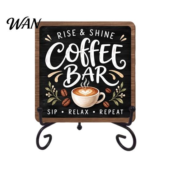 Coffee Decor for Home 5" x Bar Sign, Wooden with Metal Station Accessories Display Rack, Vintage Tabletop Decorations, Gift Lovers