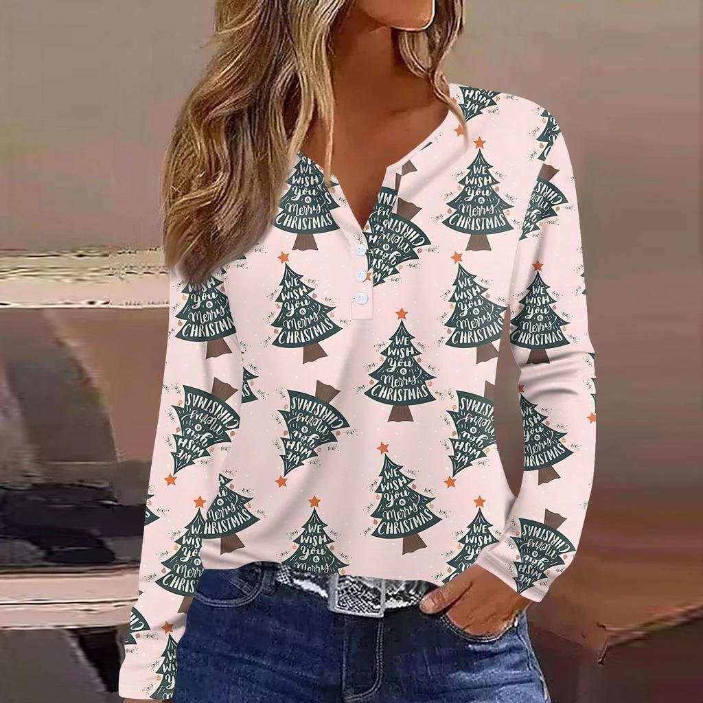 Женская футболка с рождественским принтом на пуговицах с длинным рукавом, повседневная, выходного дня, модная, базовая, с V-образным вырезом, обычная