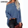 Spring and Autumn Women's T-shirt Casual Off-shoulder Bat Long Sleeve Waffle Knitted Oversized Pullover Sweater Pullover Tops