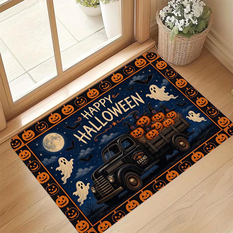 1pc, 2D Flat Printing, Halloween Pumpkin Truck Doormat, Non-Slip Machine Washable Easy-to Clean Polyester Mat, Suitable for Home and Outdoor Decoratio
