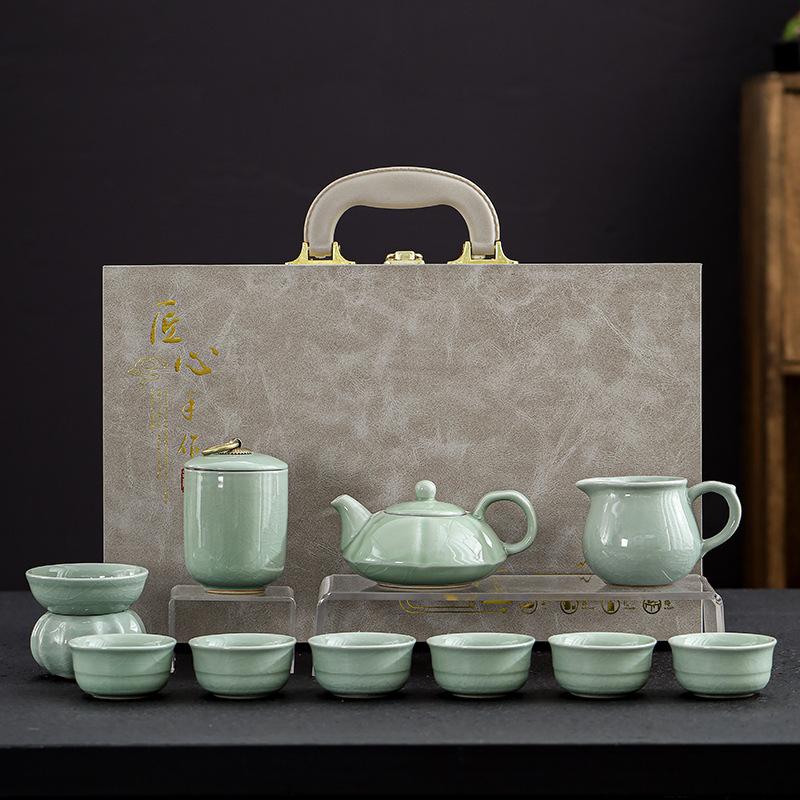 Mid-Autumn Festival Gifts Ru Kiln Tea Set Home Office Ceramic Gift Box Complete Set Tea Set Teapot Cover Bowl Full Set