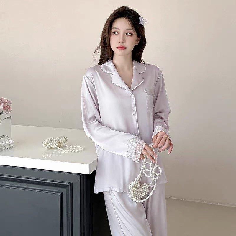Pajamas women's light luxury ice silk spring and summer thin long-sleeved trousers set loose loungewear
