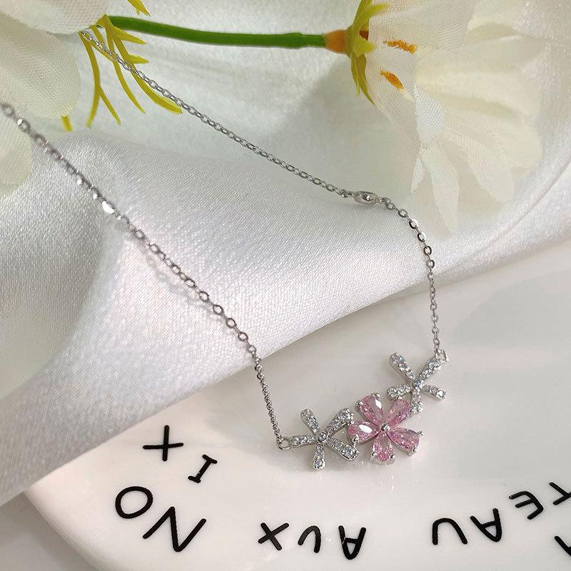 Супер Фея Розовое Бриллиантовое Пятилистное Цветочное Ожерелье Маленькое Свежее Цепочка Ключицы Темпераментное Универсальное Цирконовое Ожерелье