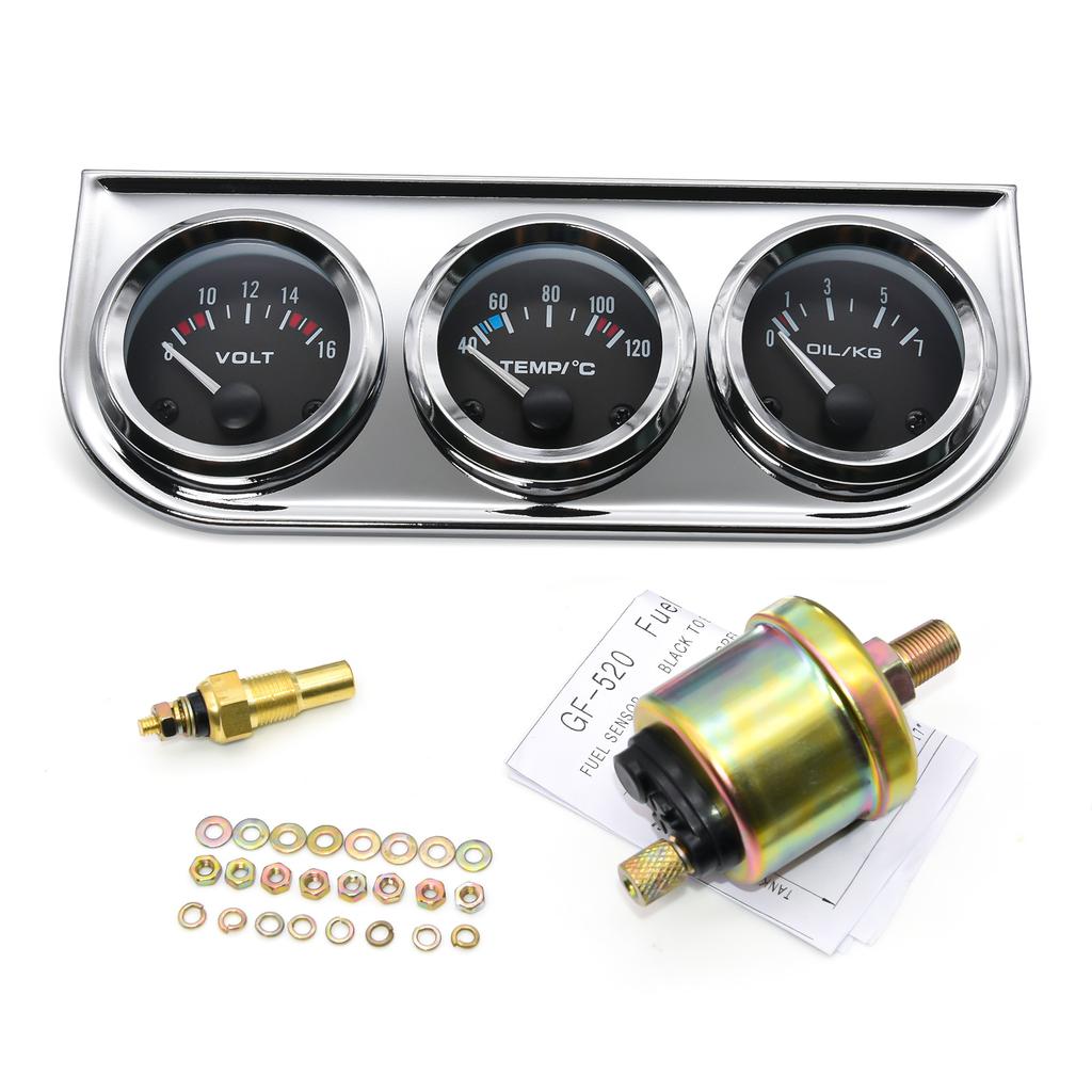 52mm Triple gauge 3 in 1 Volt Meter + 100-250℉ water Temp Gauge+0-100psi Oil Pressure Gauge & Oil Temperature Gauge With Sensor