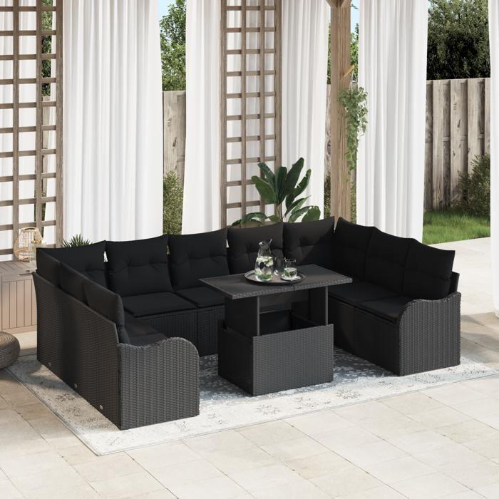 Ensemble de canapés de jardin de 10 pièces avec coussins en poly rattan noir, Canapé de jardin 2 places avec coussins 3348529
