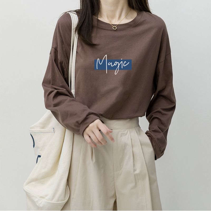 Осенняя новая футболка с длинным рукавом женская свободная с принтом букв круглым вырезом базовая