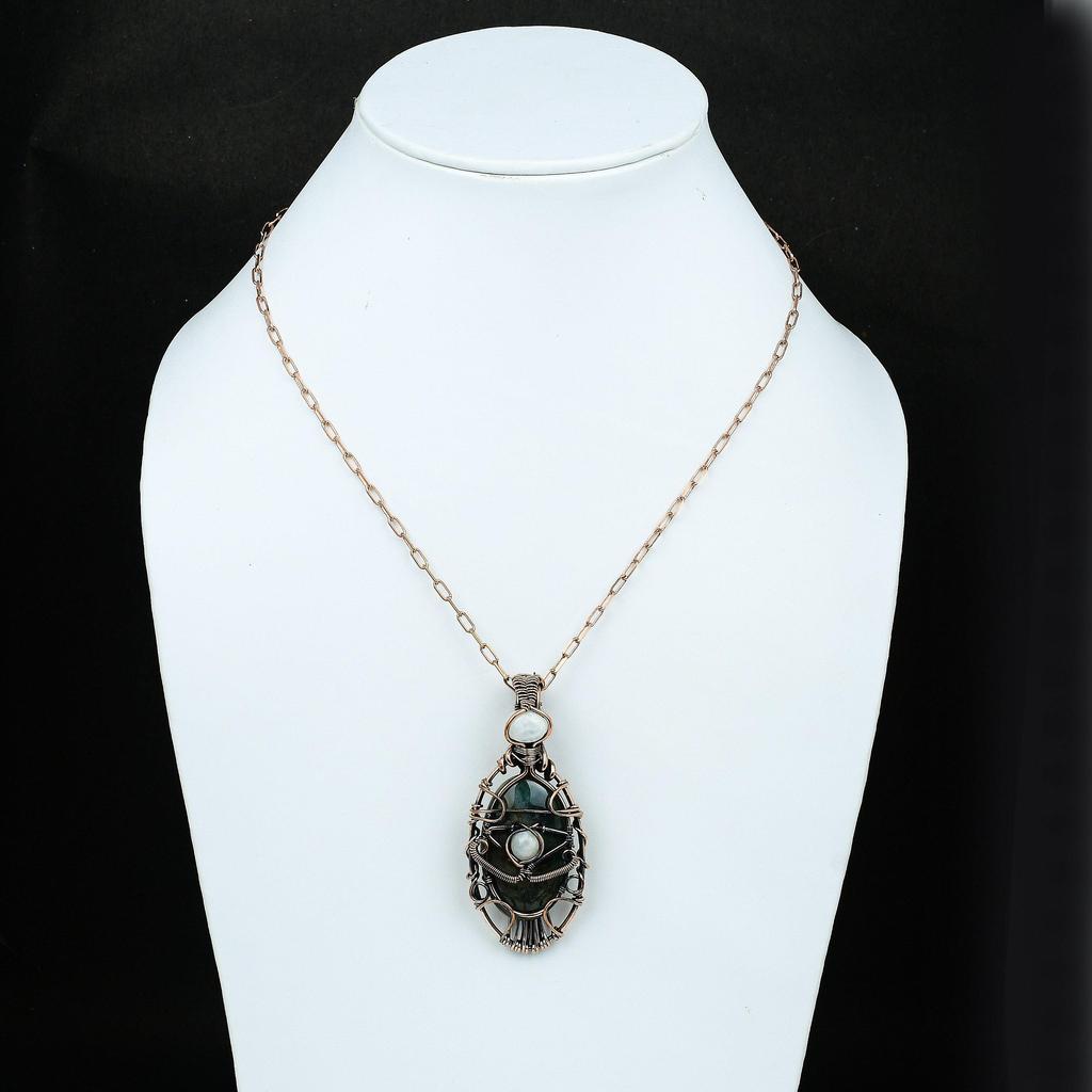 Подвеска из драгоценного камня сглаза, медная обертка, подвеска ручной работы, кулон с радужным лунным камнем, ювелирные изделия от сглаза, подарок для нее, медные украшения