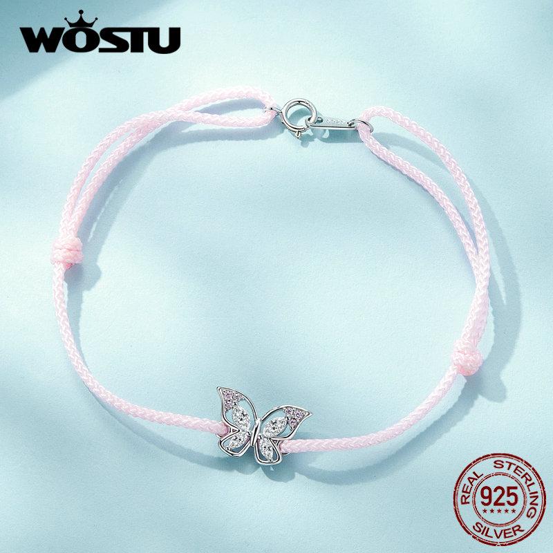 WOSTU Стерлингового Серебра 925 пробы, милые розовые браслеты с подвесками в виде бабочки для женщин, полые насекомые, циркон, звено цепи для девочек, украшения на день рождения