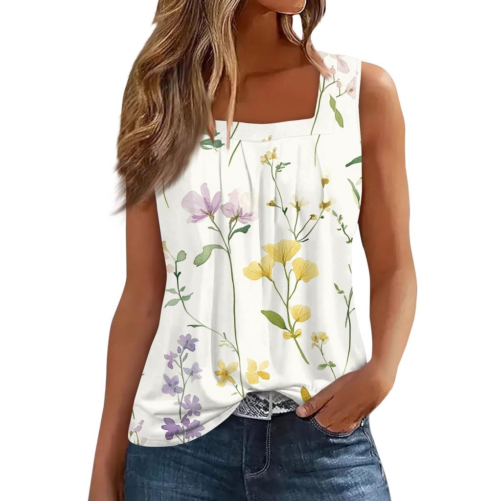 Женская плиссированная футболка без рукавов с квадратным воротником и принтом