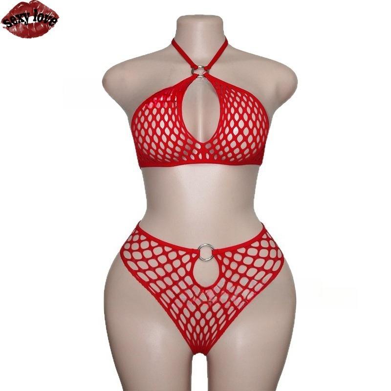 Sexy Love Underwear Women Micro Bikini Two Piece Set Fishing Net Hollow Neck Hanging Loop Lingerie