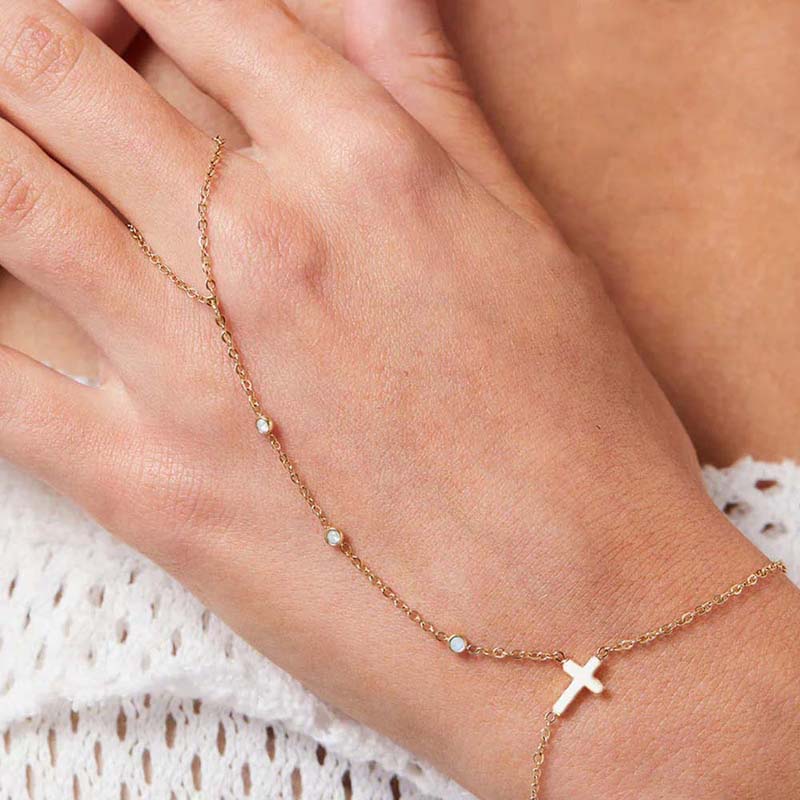 Fashion Metal Cross Finger Ring Bracelet for Women Exquisite Crystal Zircon Bead Link Chain Hand Bangles Wedding Jewelry Gift