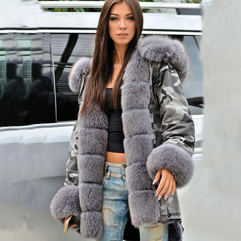 Женская модная парка в стиле милитари, верхняя одежда, зимняя теплая куртка из искусственного меха с камуфляжным принтом, куртка с капюшоном