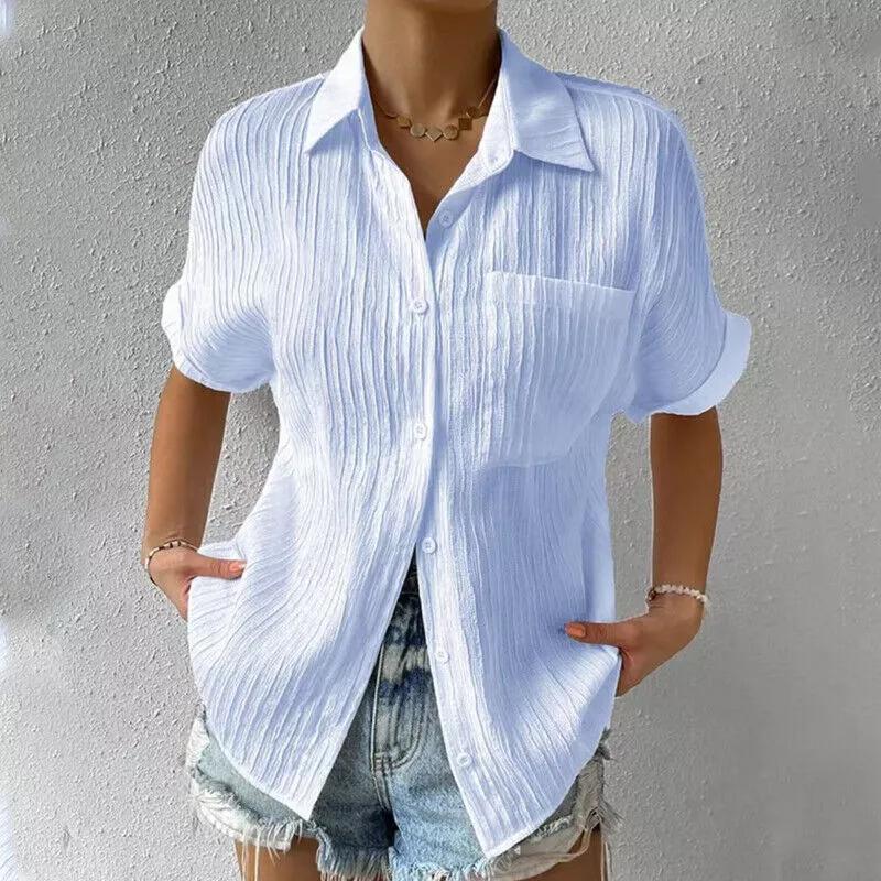 Summer Women's Casual Shirt Solid Color Lapel Button Short Sleeve Tunic Shirt Business Casual Work Shirt Office Femininity Top