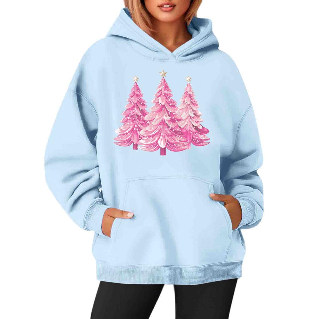 Women's Sweatshirts Round Neck Long Sleeve Christmas Printed Top Solid Color Hoodie