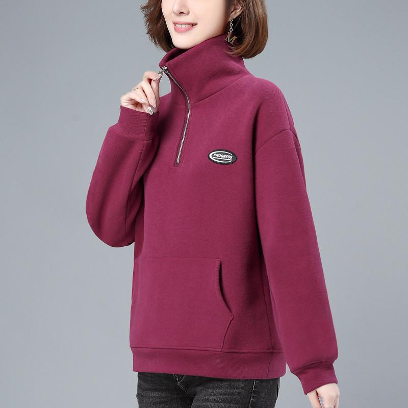 Женский утолщенный бархатный пуловер с застежкой-молнией на половину длины - модная свободная толстовка с воротником-стойкой на осень/зиму 2023 года