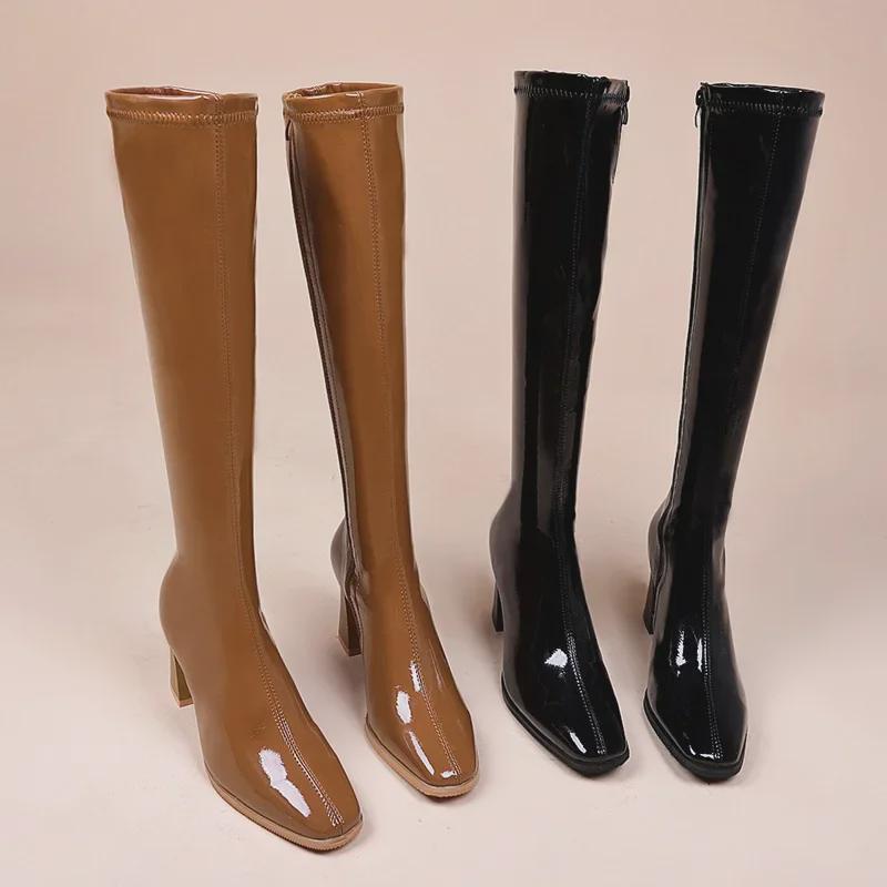 Women's Shiny High-Top Chunky Heel Knight Boots, New for Autumn/Winter 2022, Square Toe Design.