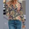 Fashion Casual Long Sleeve Zipper O Neck Retro Printed Pullovers T Shirt Blouse Top for Ladies
