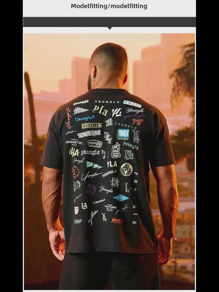 Мужская футболка свободного кроя YOUNG LA из хлопка — летний принт на всю спину, короткие рукава, круглый вырез, повседневный спортивный топ для фитнеса
