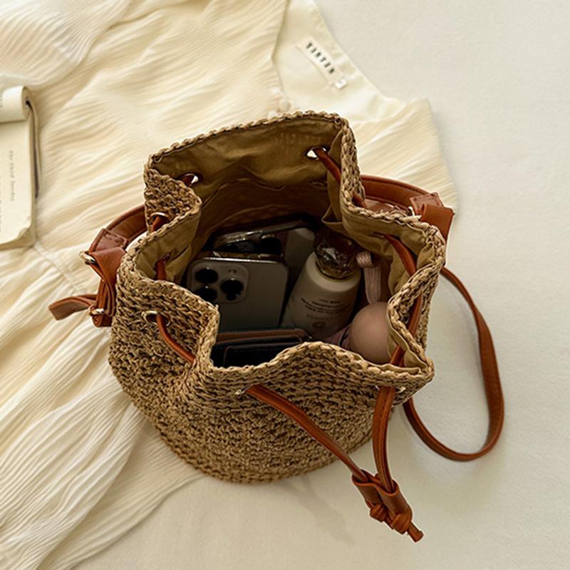Летние соломенные сумки через плечо, женская сумка-ведро с завязками, плетеные вручную сумки из рафии, повседневная женская пляжная сумка через плечо