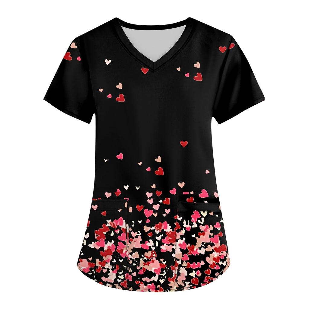 Women's Fashion Printed Short Sleeve V-Neck Top Small Pocket Work T-Shirt