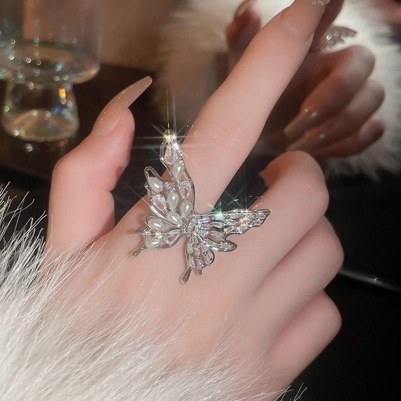 Butterfly pearl ring open ring temperament niche design high sense index finger ring fashion versatile accessories