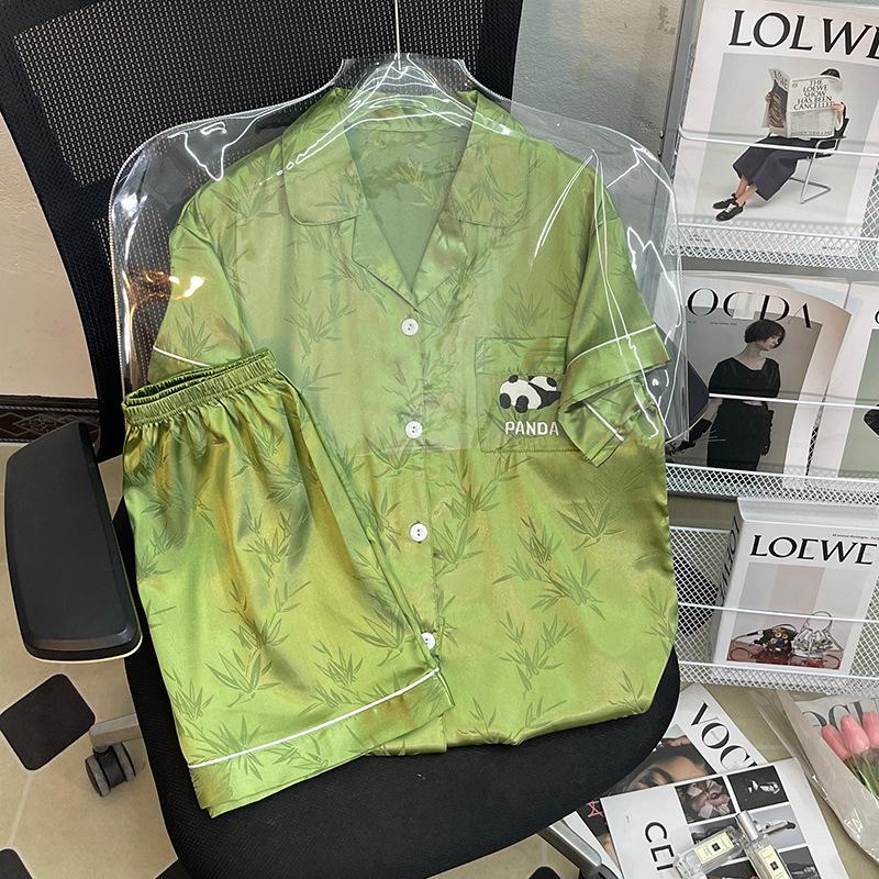 Solid Color Ice Silk Pajamas Women'S Summer Thin Foreign Style High-Value Short-Sleeved Loungewear Two-Piece Set Can Be Worn Outside