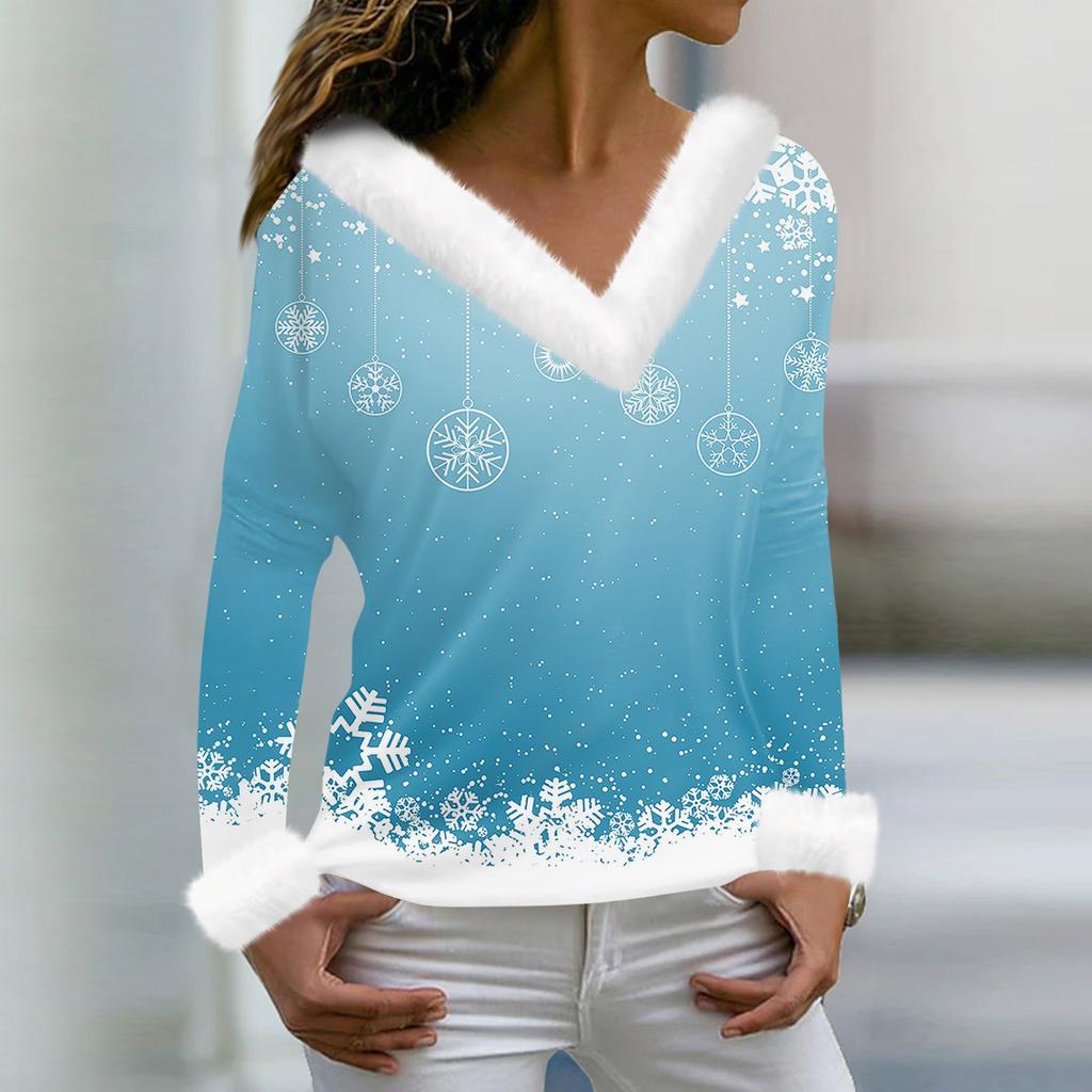 Women's Fashion Casual Long Sleeve V-Neck Christmas Printed Plush Top