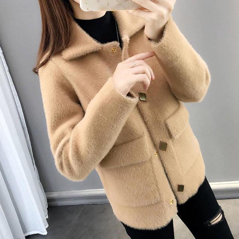 Fuzzy Cardigan Sweater for Women Imitation Mink Velvet Jacket Women Short Mohair Cardigan Lapel Knitted Cardigan Sweaters with Pockets
