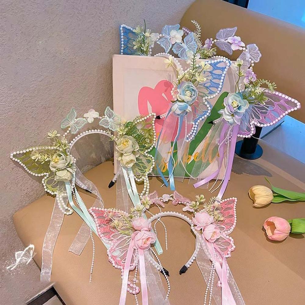 Mesh Big Butterfly Wing Hairpins Sweet Elf Ear Headband Lovely Flower Headband Kids Gift