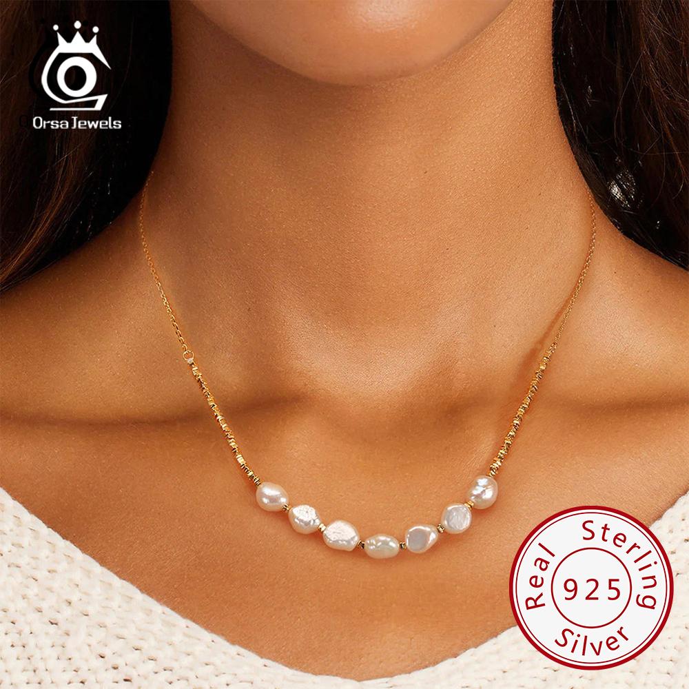 ORSA JEWELS Винтажное Серебряное Ожерелье-Цепь с Натуральным Жемчугом, Чокер из Стерлингового Серебра 925 Пробы, Украшение для Женщин GPN69