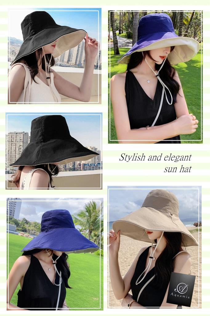 Sunshade Wide Summer Sun UV Chin Reversible [Aquamie] Hat, Brim, Foldable, Sunshade, Women's Hat, Protection, Protection, Strap, Cotton, (Beige Brown)