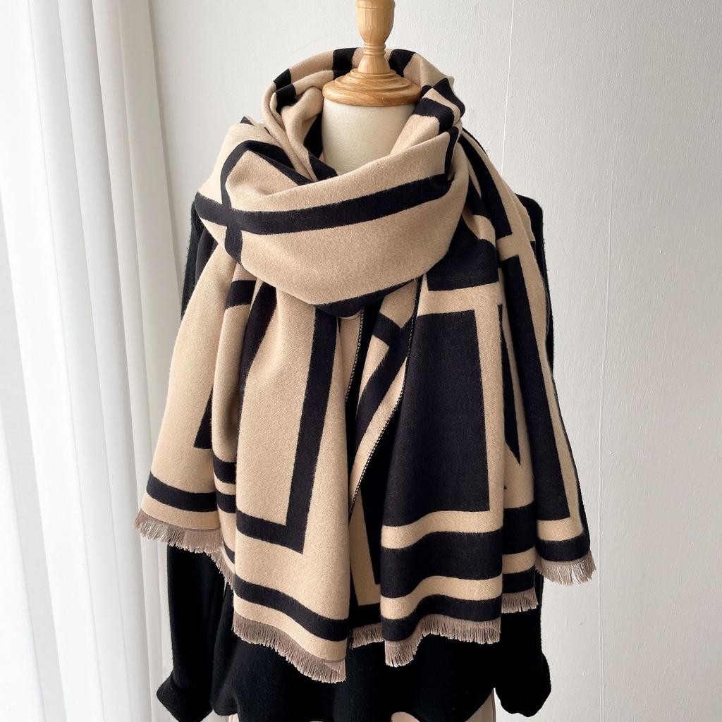 Imitation Cashmere Scarf Air Conditioner Shawl Tassel Extended Warm Jacquard Plaid Decorative Scarf Women'S Versatile