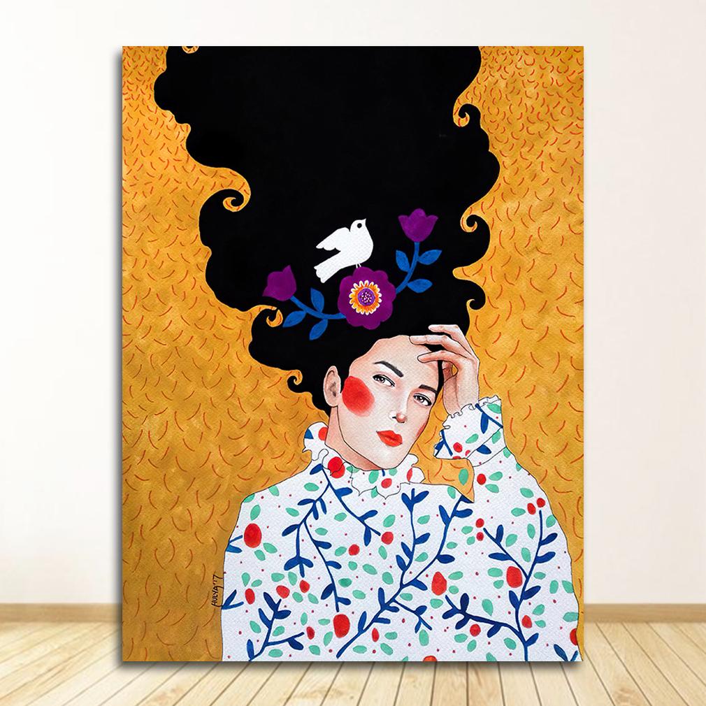 Abstract Girl Hair Flower Bird Posters and Prints Vintage Wall Art Canvas Painting Wall Pictures for Living Room Decor