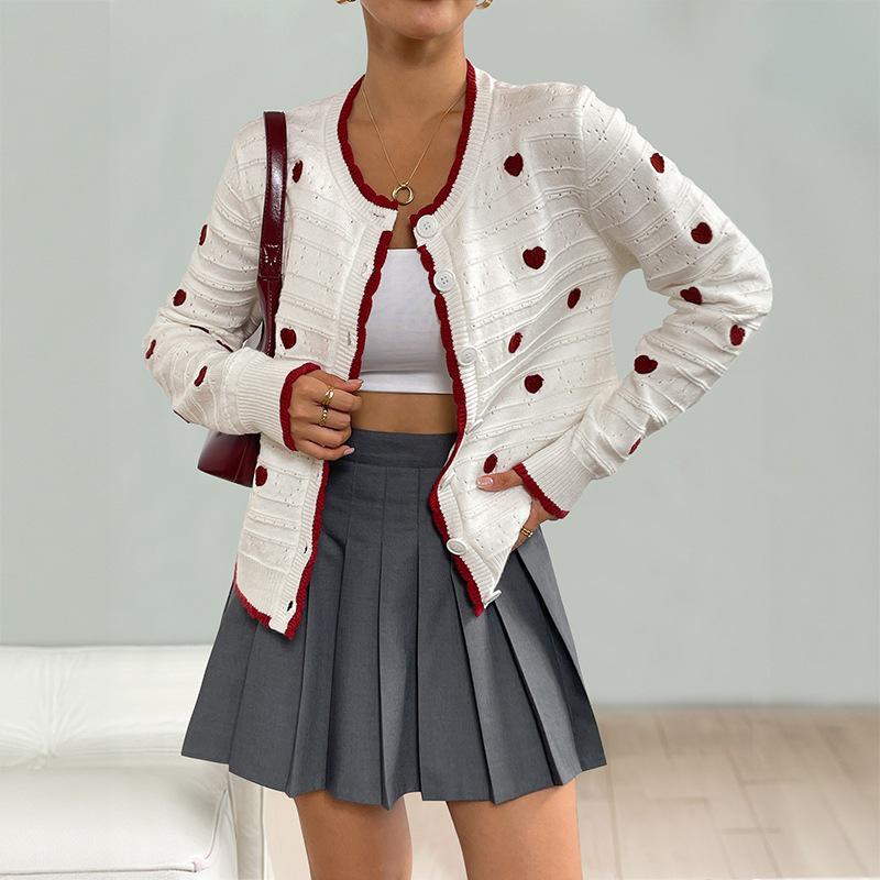 2026 Autumn/Winter Elegant European and American Cross Love Jacquard Color Block Cardigan Sweater for Women