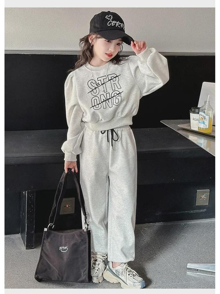 2024 Корейский стиль Комплект из спортивной толстовки и спортивных штанов для девочек - Осень/Весна, комплект из двух предметов для больших детей