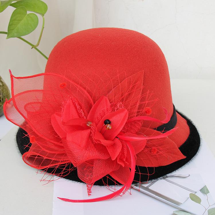 Woolen hat female autumn and winter British celebrity feather mesh yarn dome top hat casual versatile bucket hat basin hat tide