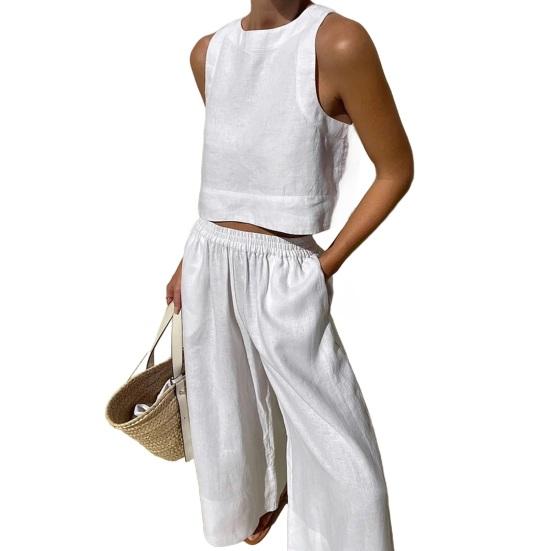 Женский летний комплект из 2 предметов: жилет без рукавов с круглым вырезом, эластичные длинные брюки с высокой талией, однотонный тонкий повседневный комплект