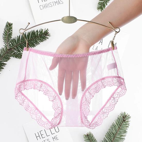 Women Panties Mid Waist Breathable Stretch Soft See-through Floral Lace Sexy