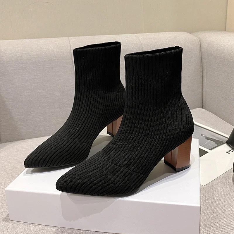 Мода Зима Вязаные Носки Ботильоны Женская Обувь Высокие Каблуки Острый Носок Ботильоны Бренд 2025 Тренд Новый Комфорт Элегантное Платье Ботас Мухер