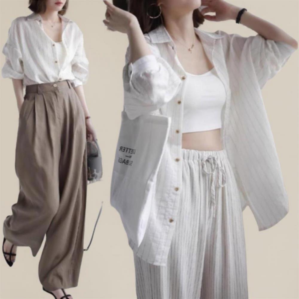 New Arrivals Open Run Women Vertical Stripe Loose Fit Collar Neck Classic Shirt